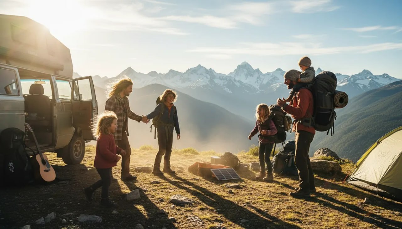 Zwei reisende Familien mit Kindern begruessen sich vor Bergpanorama an ihrem Stellplatz